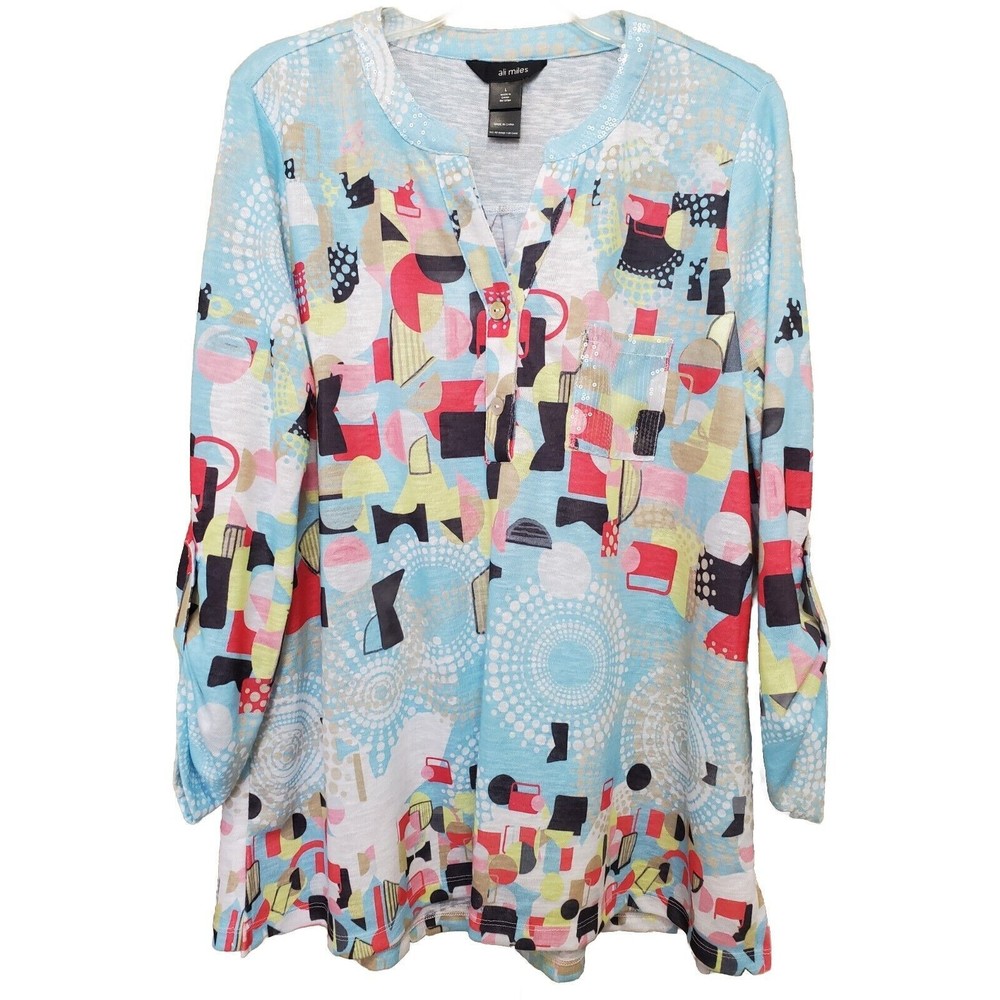 Ali Miles Sequined Henley Neck Roll-Tab Sleeve Popover Knit Tunic Size Large
